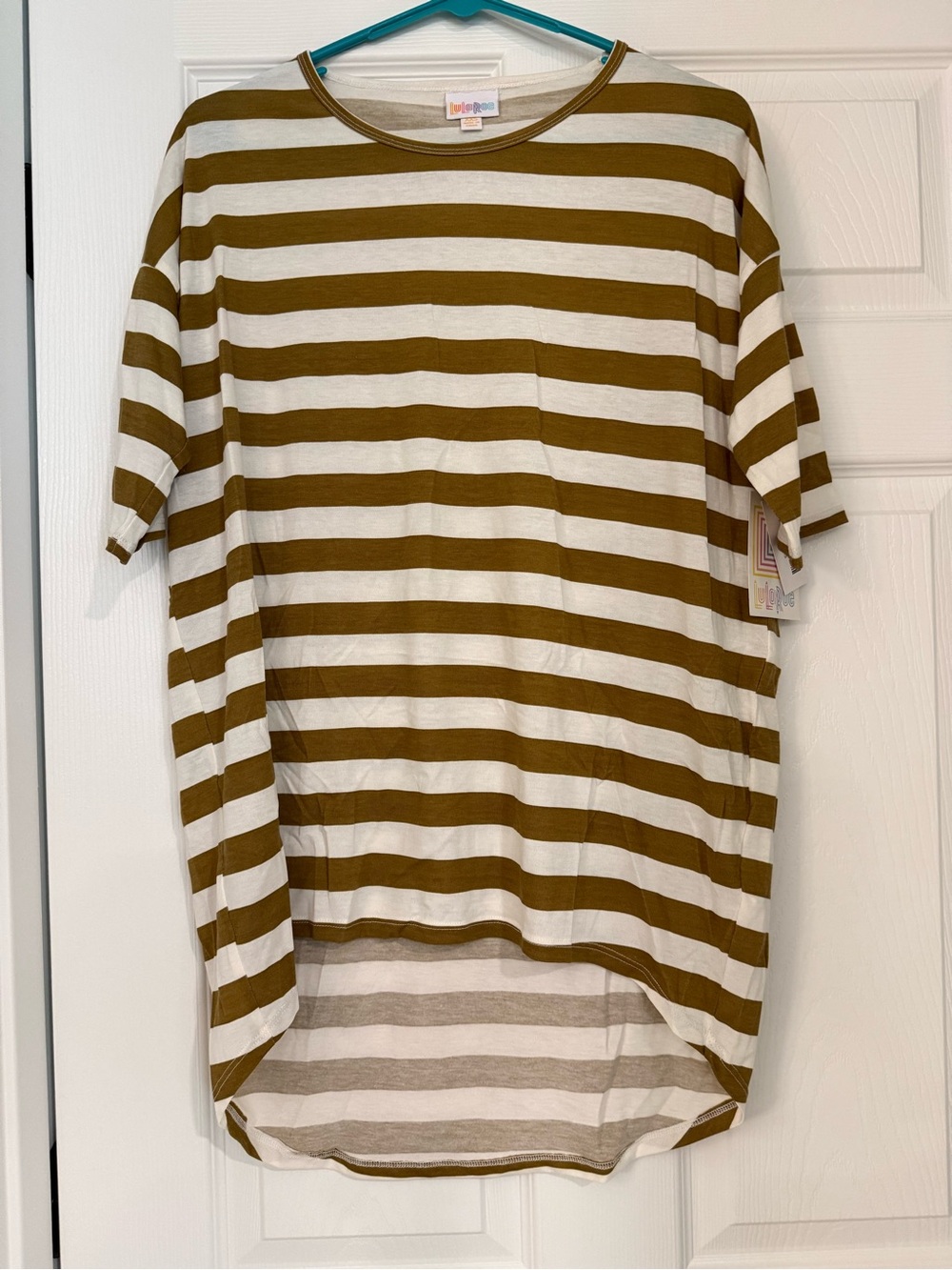 Lularoe Irma tan and White Striped Short Sleeve Tunic